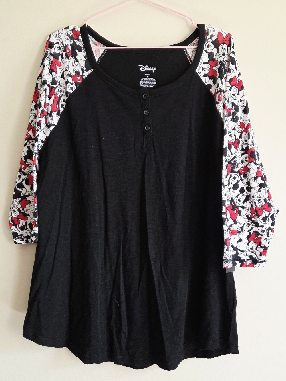 Disney Henley Tee with Mickey And Minnie Print Raglan Sleeves